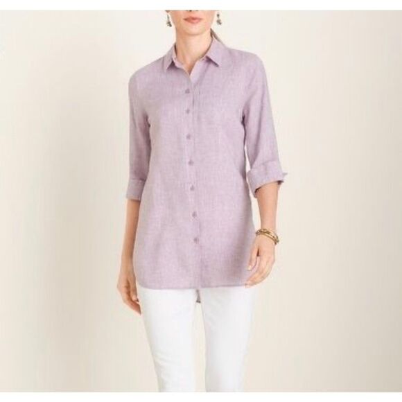 Chico’s no iron 100% linen high low button up shirt purple size 8/10 - Picture 1 of 7
